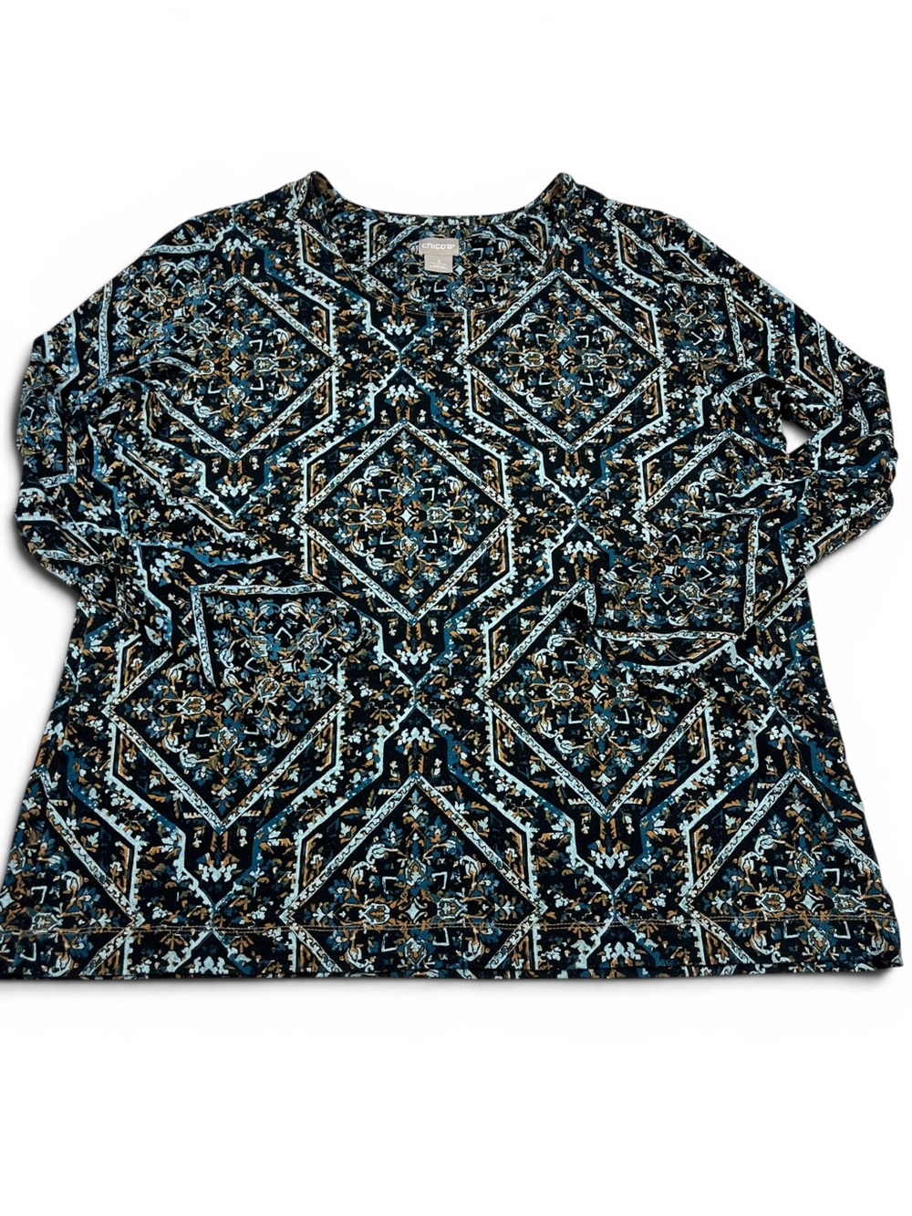 Chicos Long Sleeve Top Medallion Print Boho Artsy Layering Easy Care Shirt 3 XL